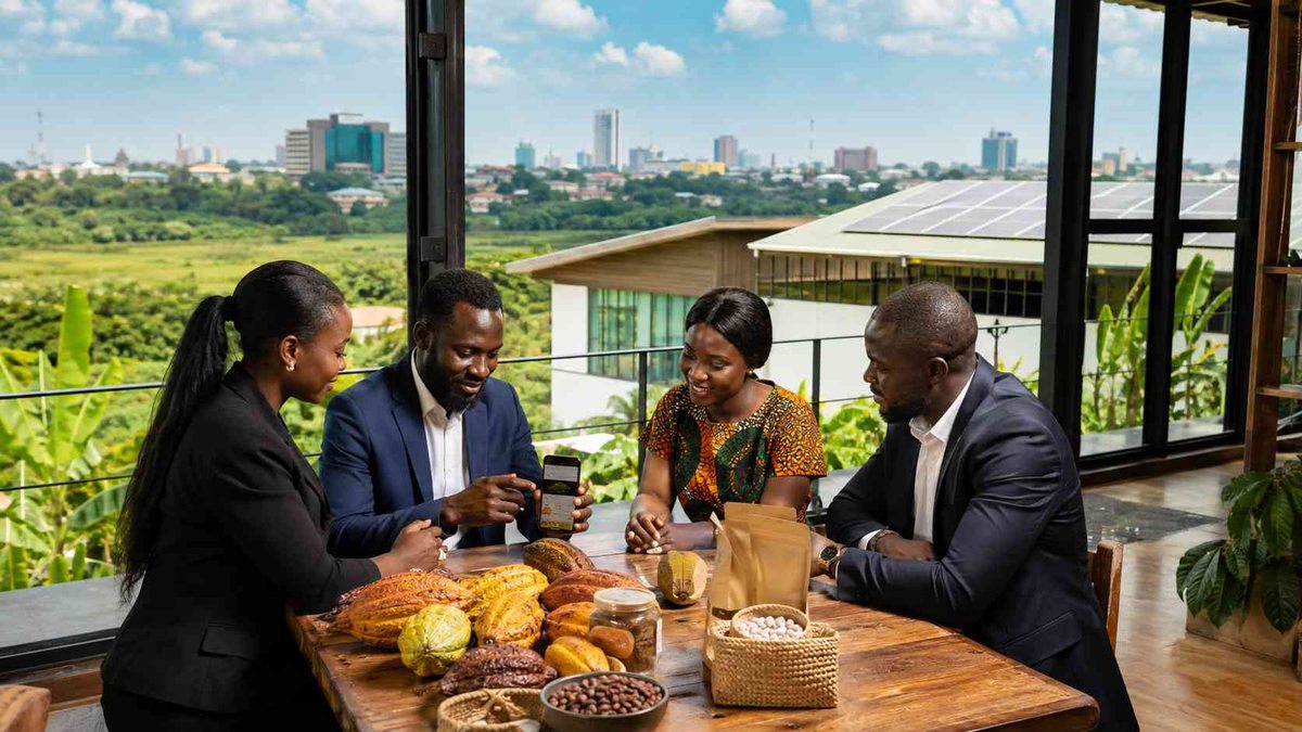 Ghanaian entrepreneurs with cocoa produce
