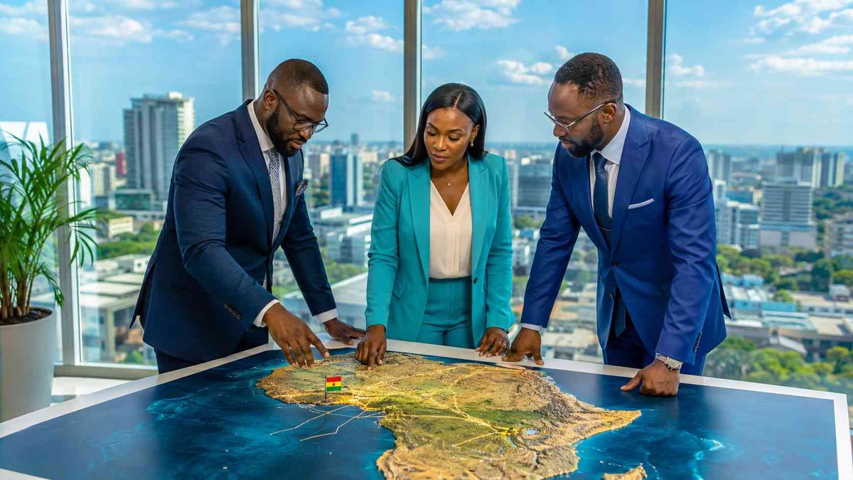 Business leaders reviewing Ghana on a map, Accra skyline